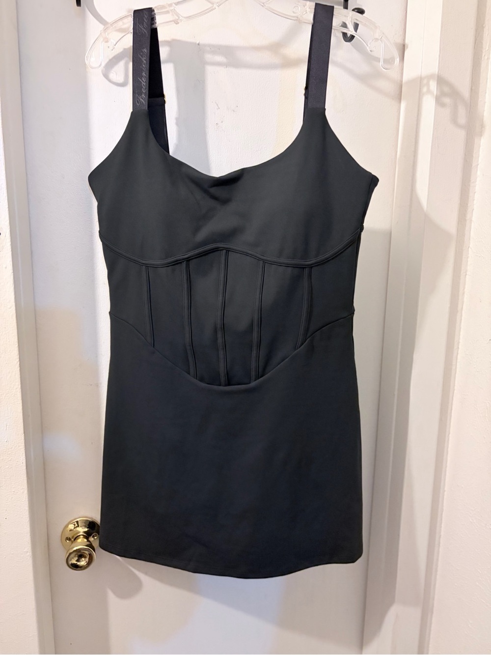 Frederick’s- size XL- black mini dress w/ shorts, corset style, stretch. NWT